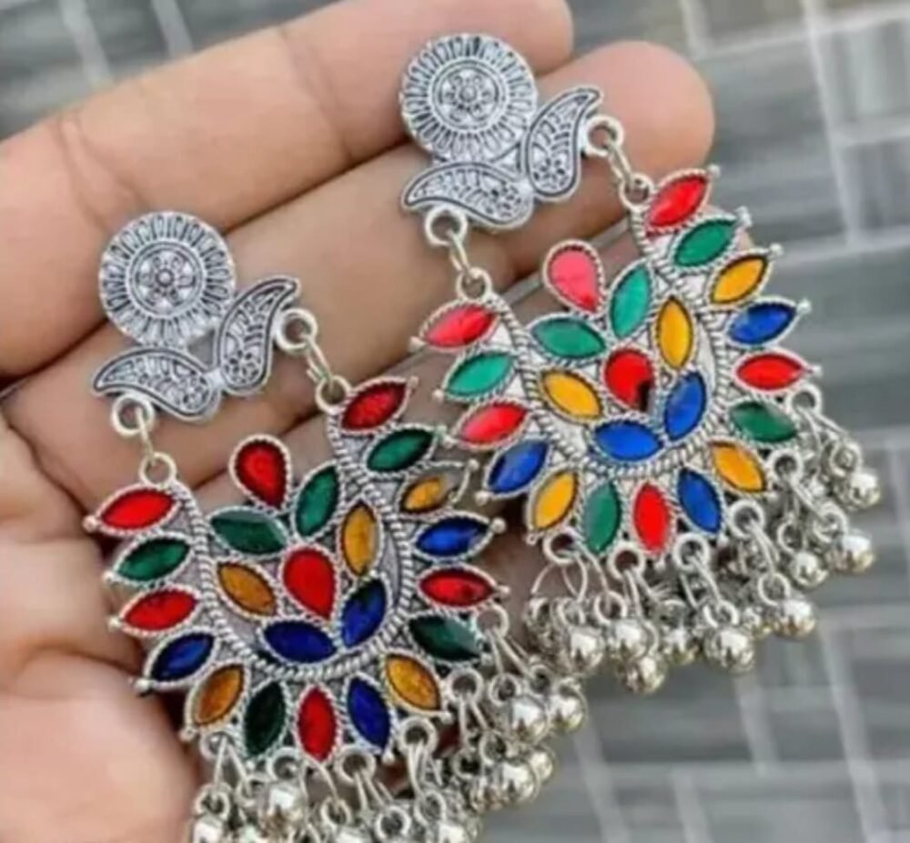Combo Of 4 Pair Oxidised Silver Meenakari Traditional Combo Jhumki Earrings - Image 3